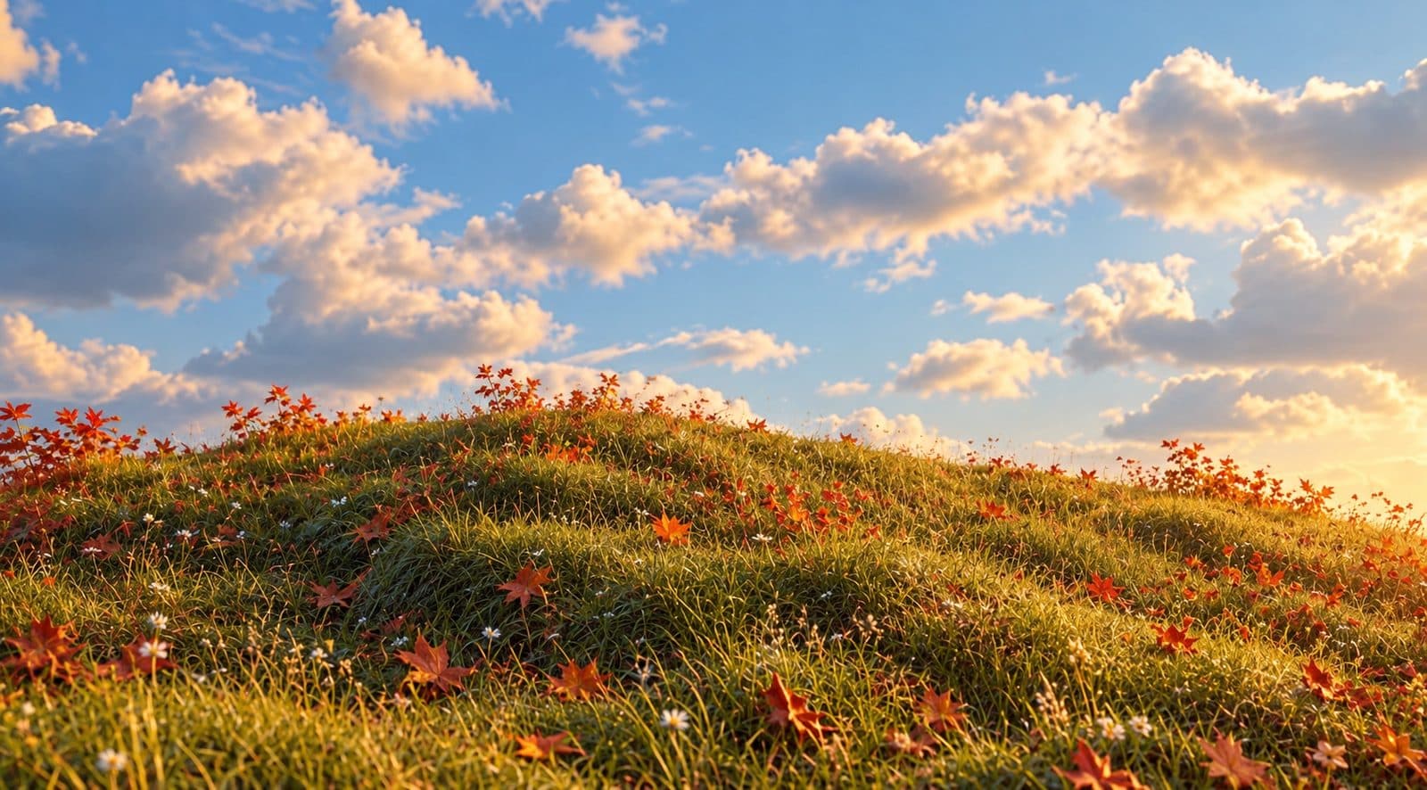 Red chinar leaves scattered on green autumn grass under a bright cloudy sky